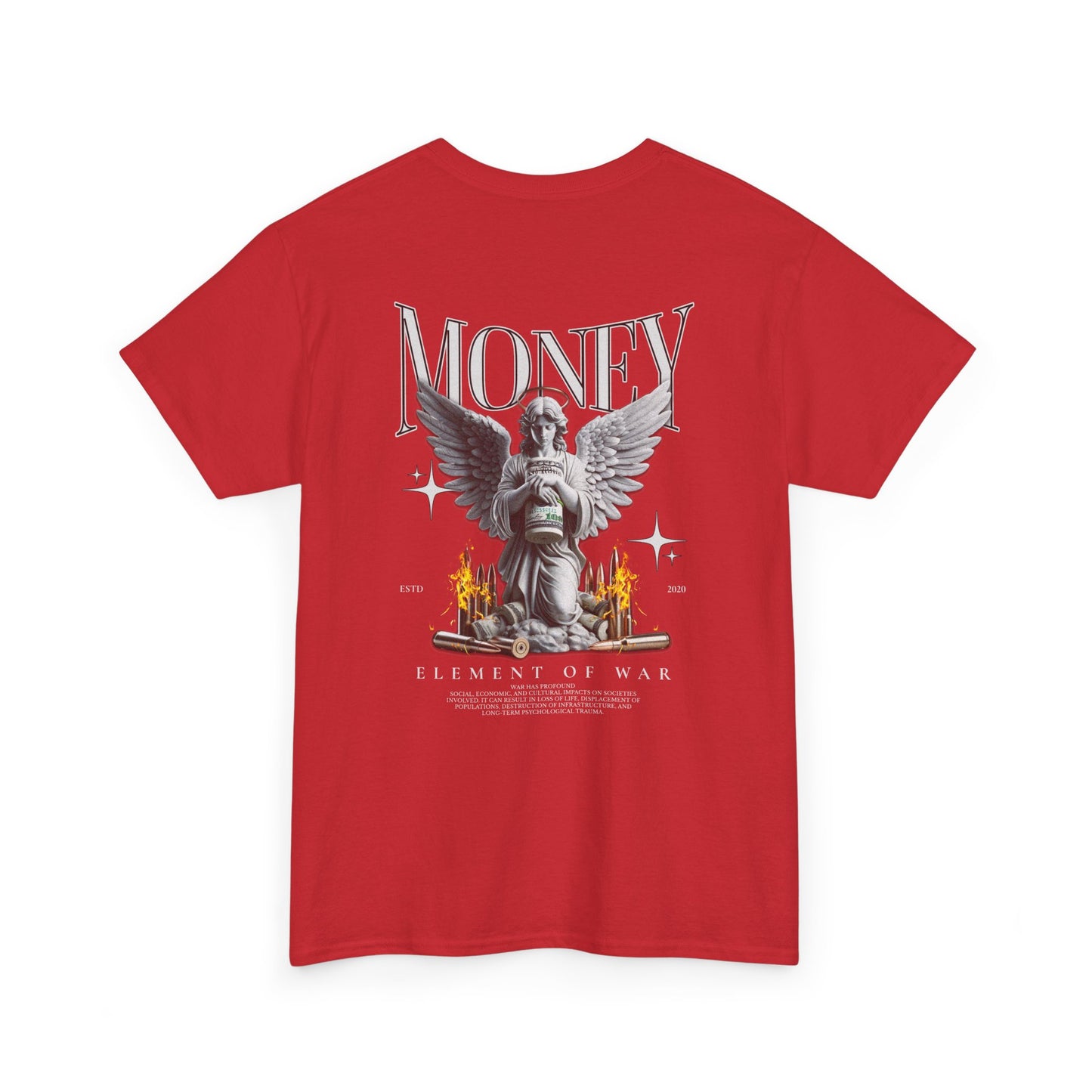 Money Angel Graphic Tee — Streetwear Statue & Flames Back Print