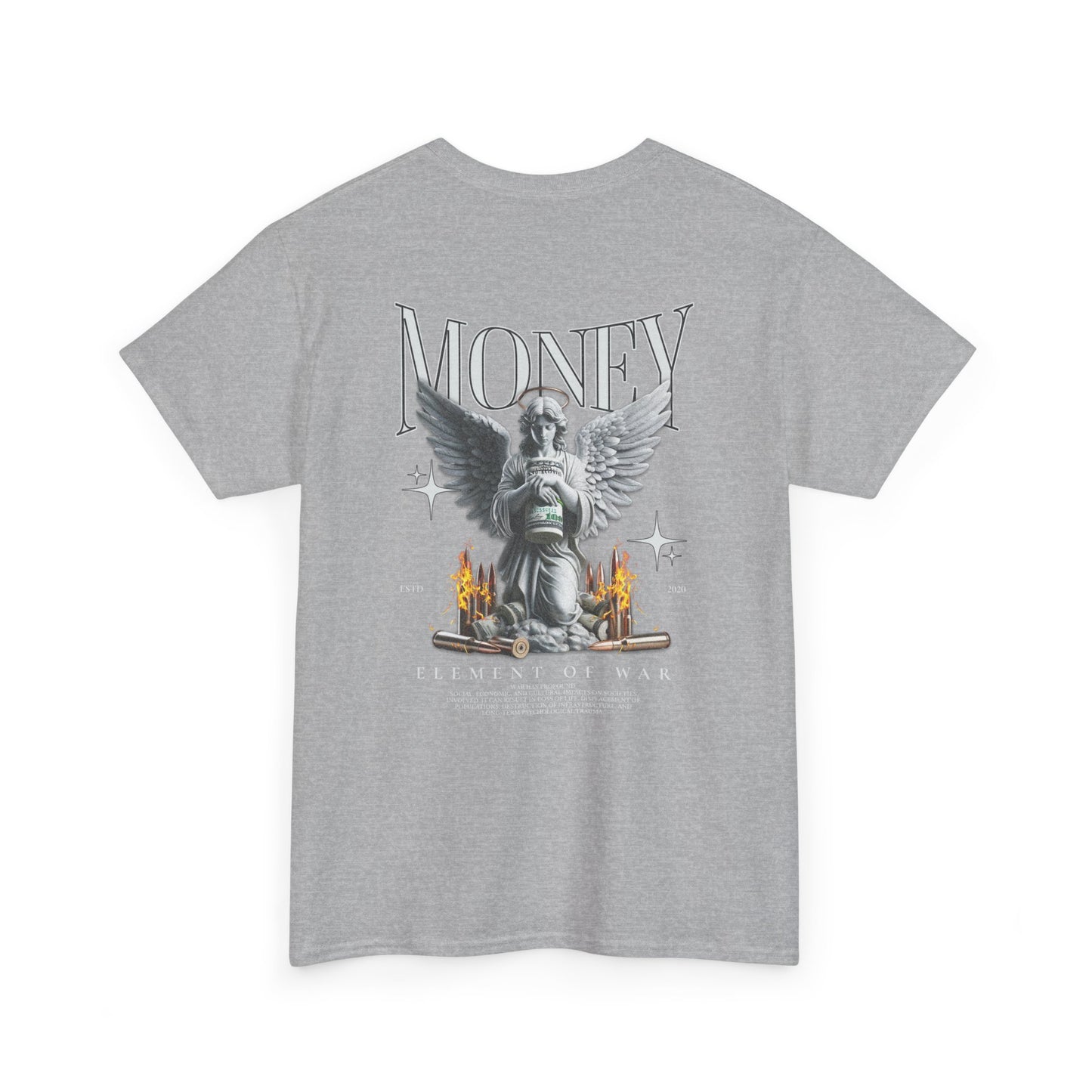 Money Angel Graphic Tee — Streetwear Statue & Flames Back Print