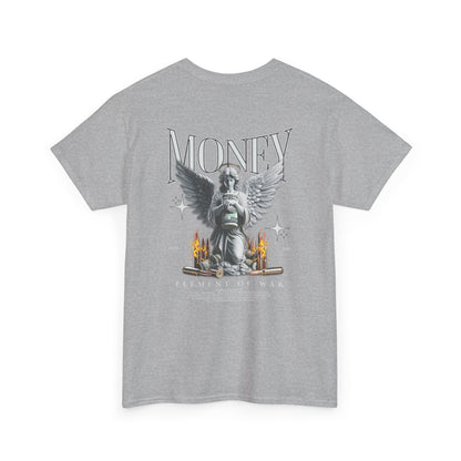 Money Angel Graphic Tee — Streetwear Statue & Flames Back Print