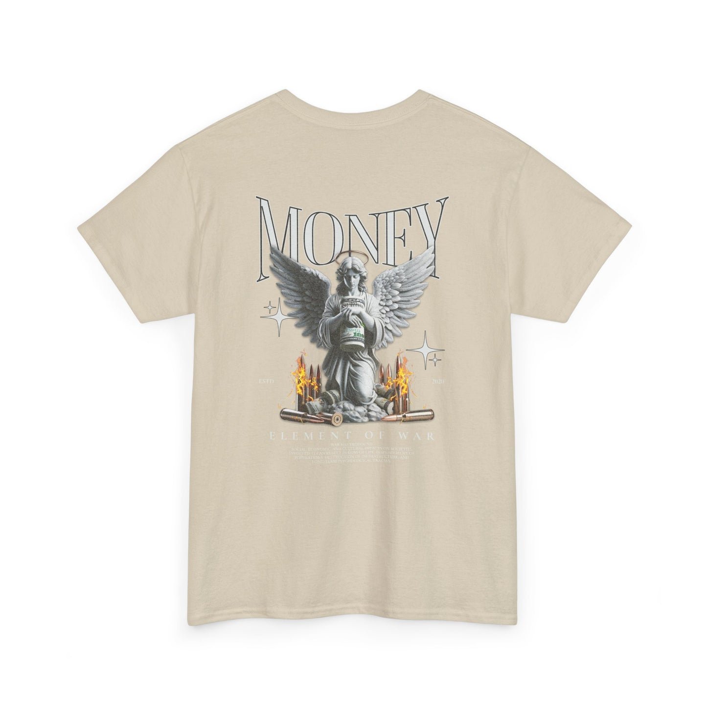 Money Angel Graphic Tee — Streetwear Statue & Flames Back Print