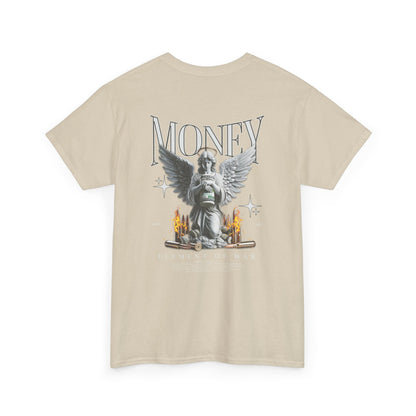 Money Angel Graphic Tee — Streetwear Statue & Flames Back Print