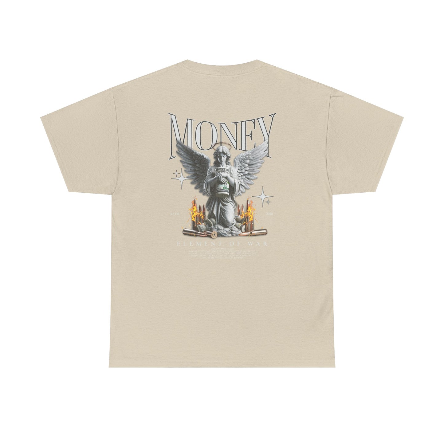Money Angel Graphic Tee — Streetwear Statue & Flames Back Print