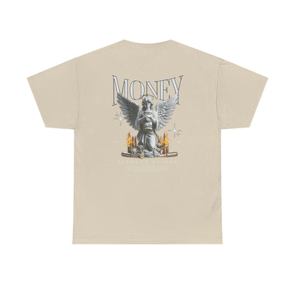 Money Angel Graphic Tee — Streetwear Statue & Flames Back Print