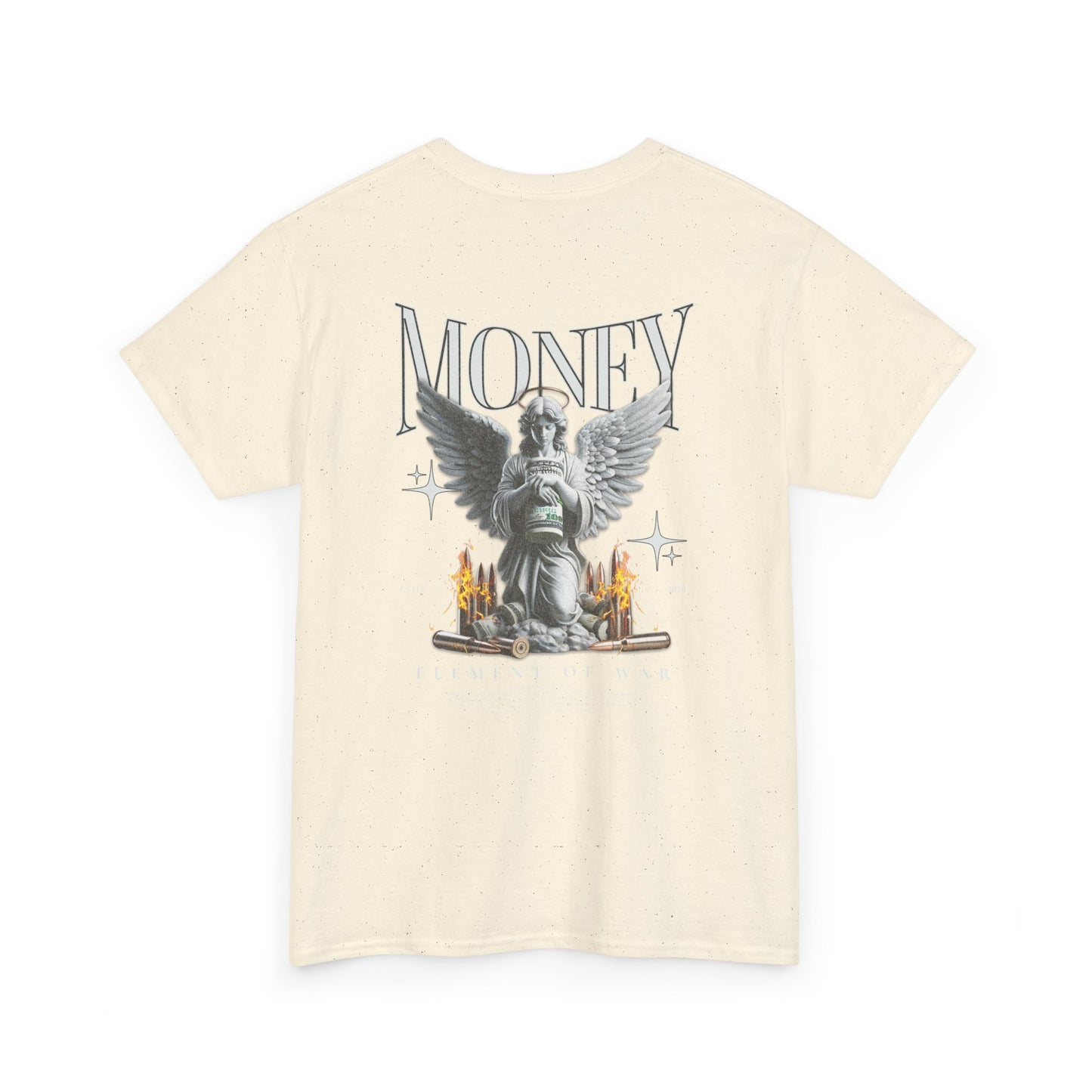 Money Angel Graphic Tee — Streetwear Statue & Flames Back Print