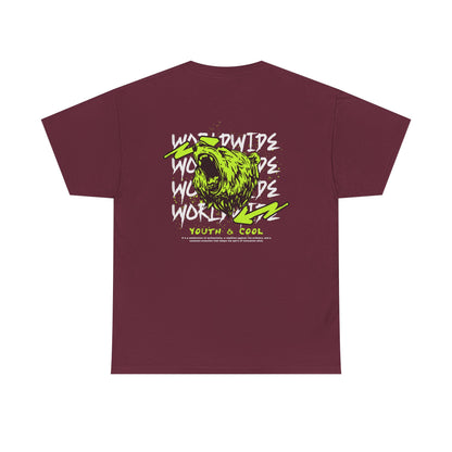 Bear Skull Graphic Tee — 'Worldwide Youth & Cool' Neon Streetwear T‑Shirt