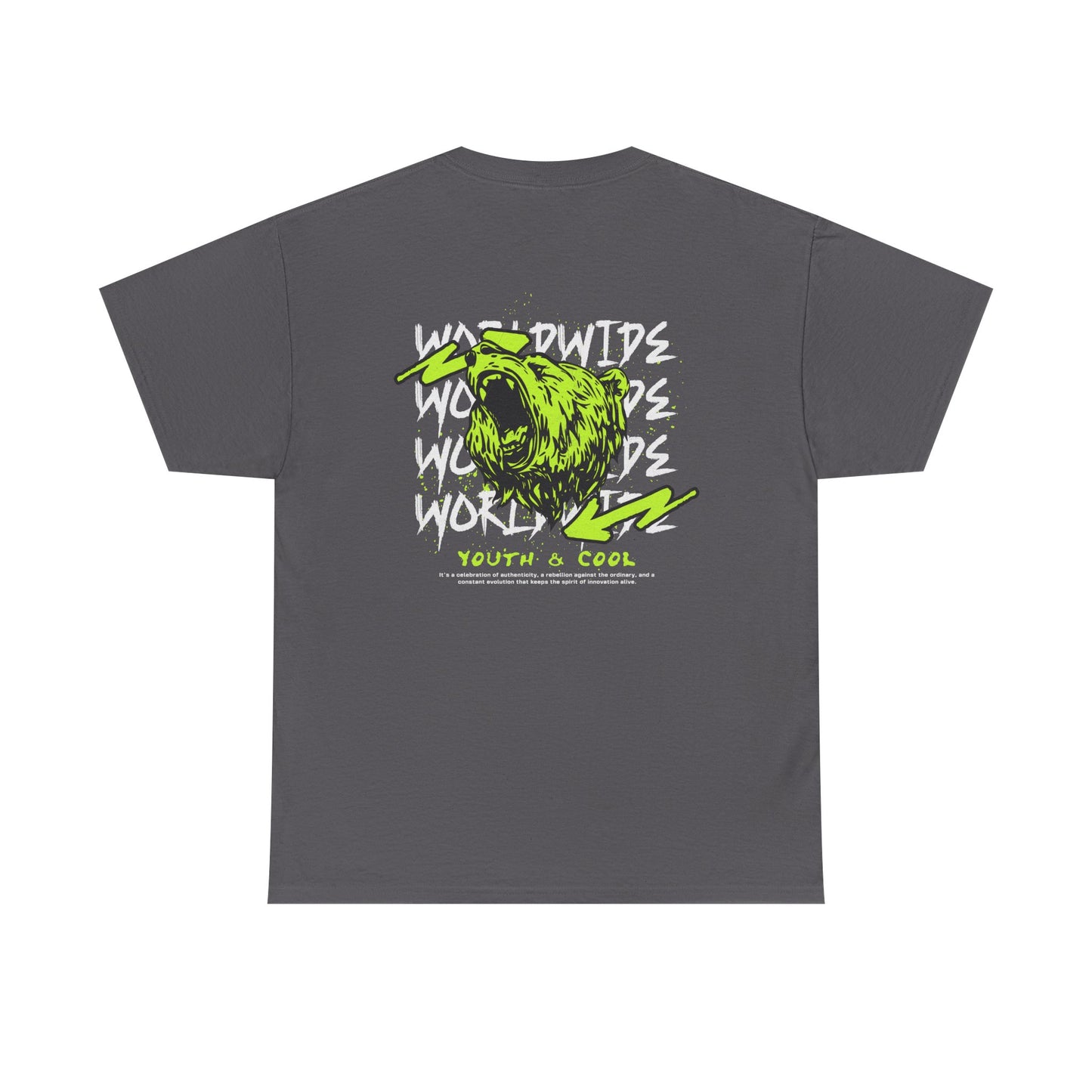 Bear Skull Graphic Tee — 'Worldwide Youth & Cool' Neon Streetwear T‑Shirt