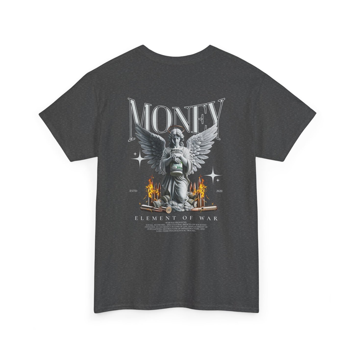 Money Angel Graphic Tee — Streetwear Statue & Flames Back Print