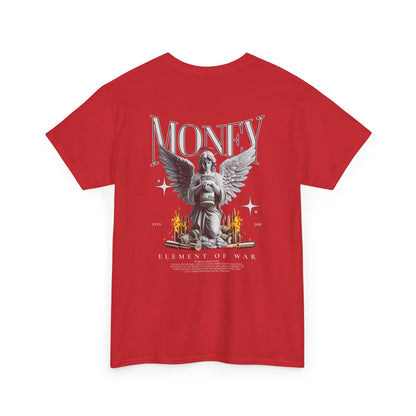 Money Angel Graphic Tee — Streetwear Statue & Flames Back Print