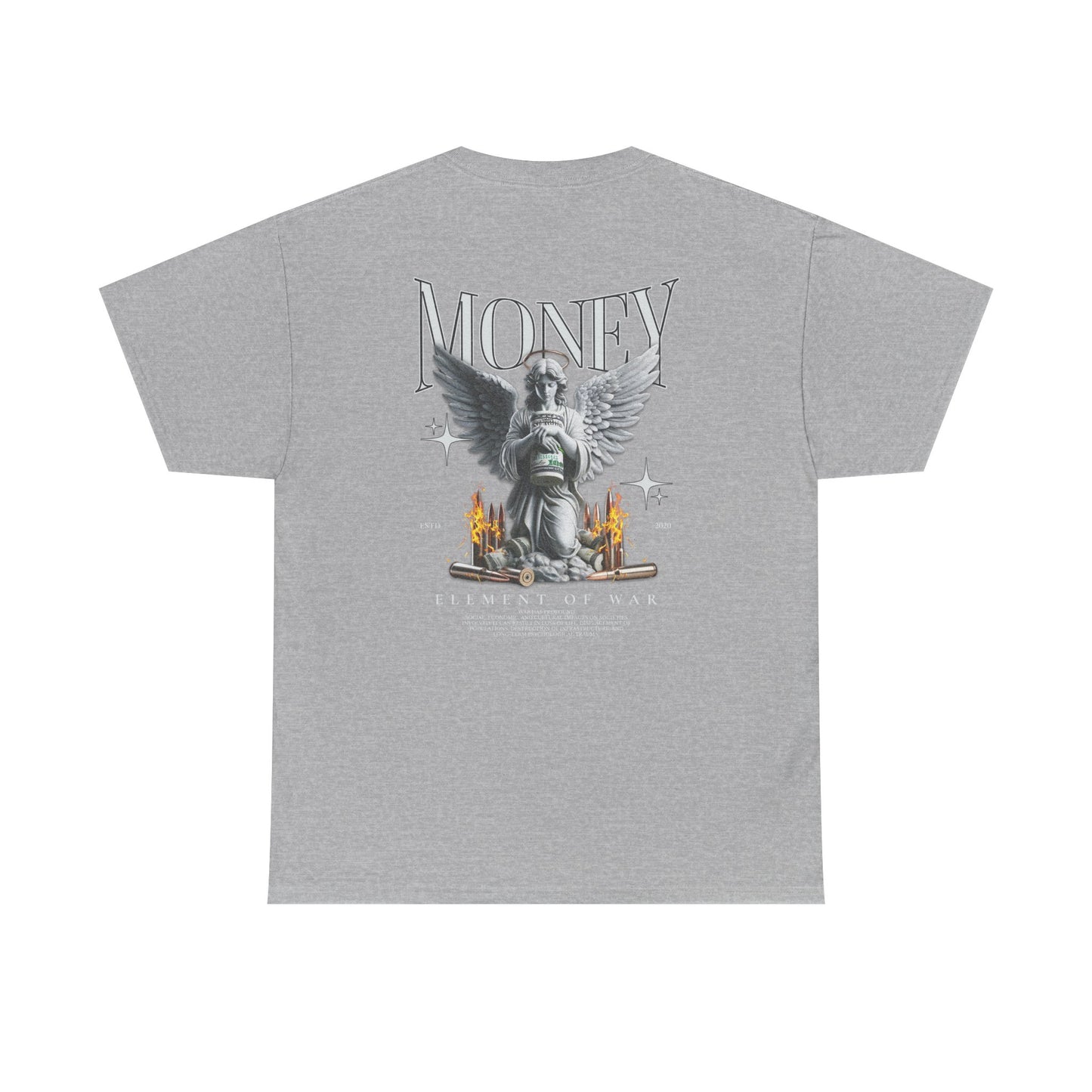 Money Angel Graphic Tee — Streetwear Statue & Flames Back Print
