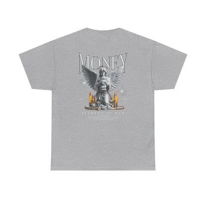 Money Angel Graphic Tee — Streetwear Statue & Flames Back Print