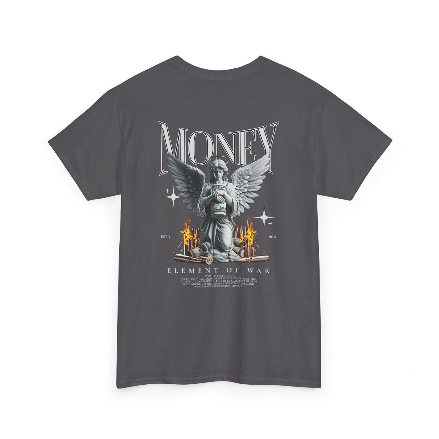 Money Angel Graphic Tee — Streetwear Statue & Flames Back Print