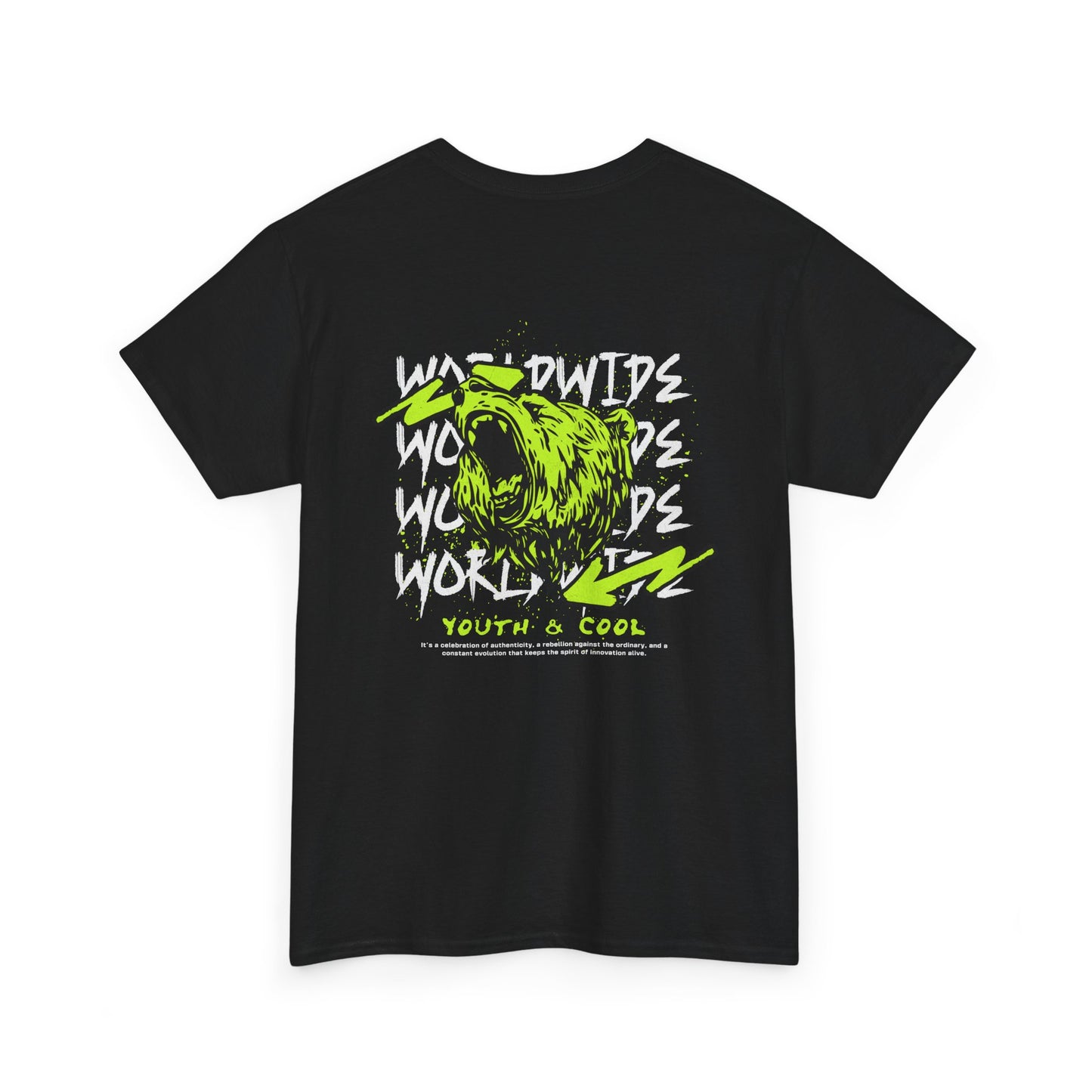 Bear Skull Graphic Tee — 'Worldwide Youth & Cool' Neon Streetwear T‑Shirt