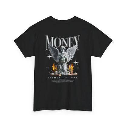 Money Angel Graphic Tee — Streetwear Statue & Flames Back Print