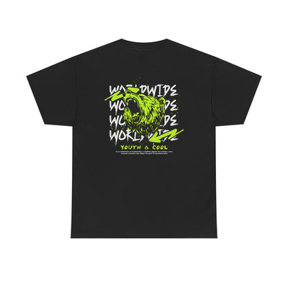 Bear Skull Graphic Tee — 'Worldwide Youth & Cool' Neon Streetwear T‑Shirt