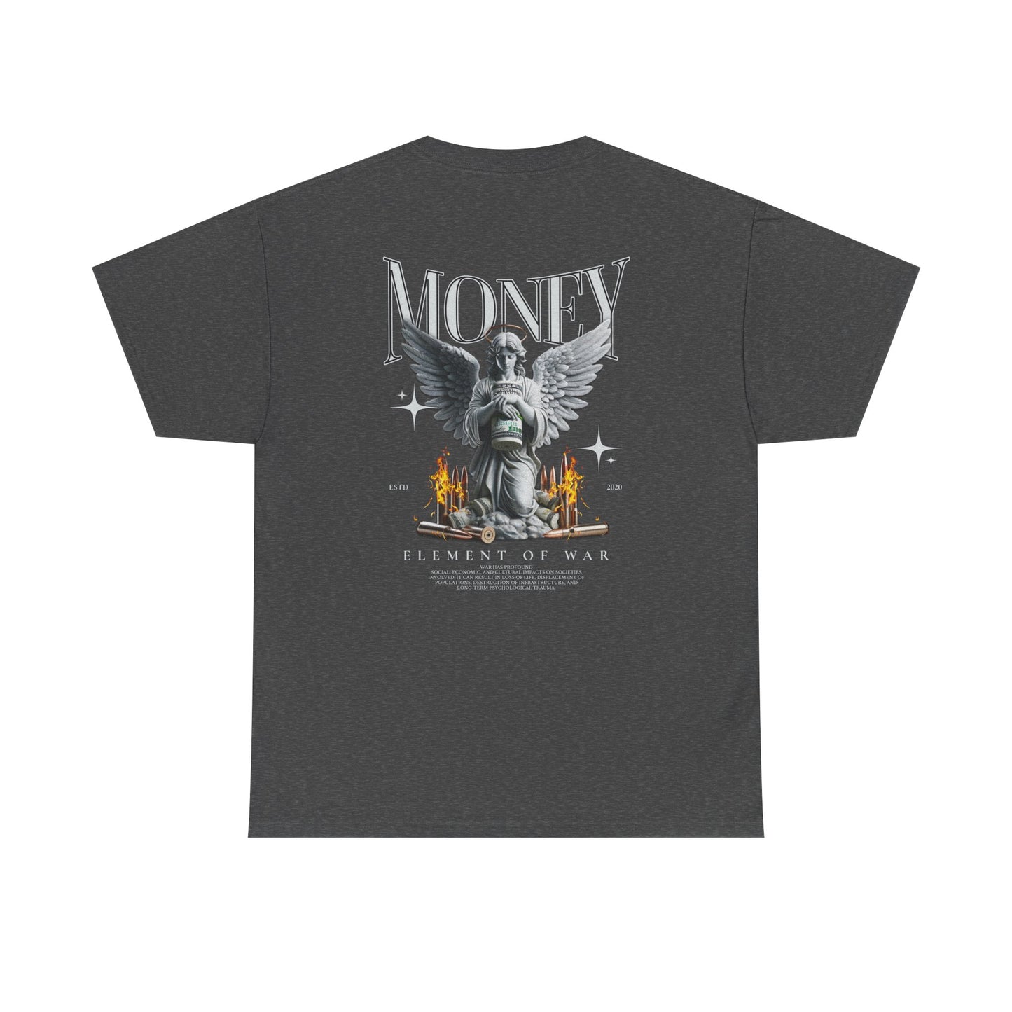 Money Angel Graphic Tee — Streetwear Statue & Flames Back Print