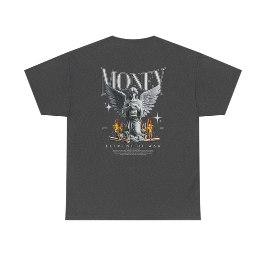Money Angel Graphic Tee — Streetwear Statue & Flames Back Print