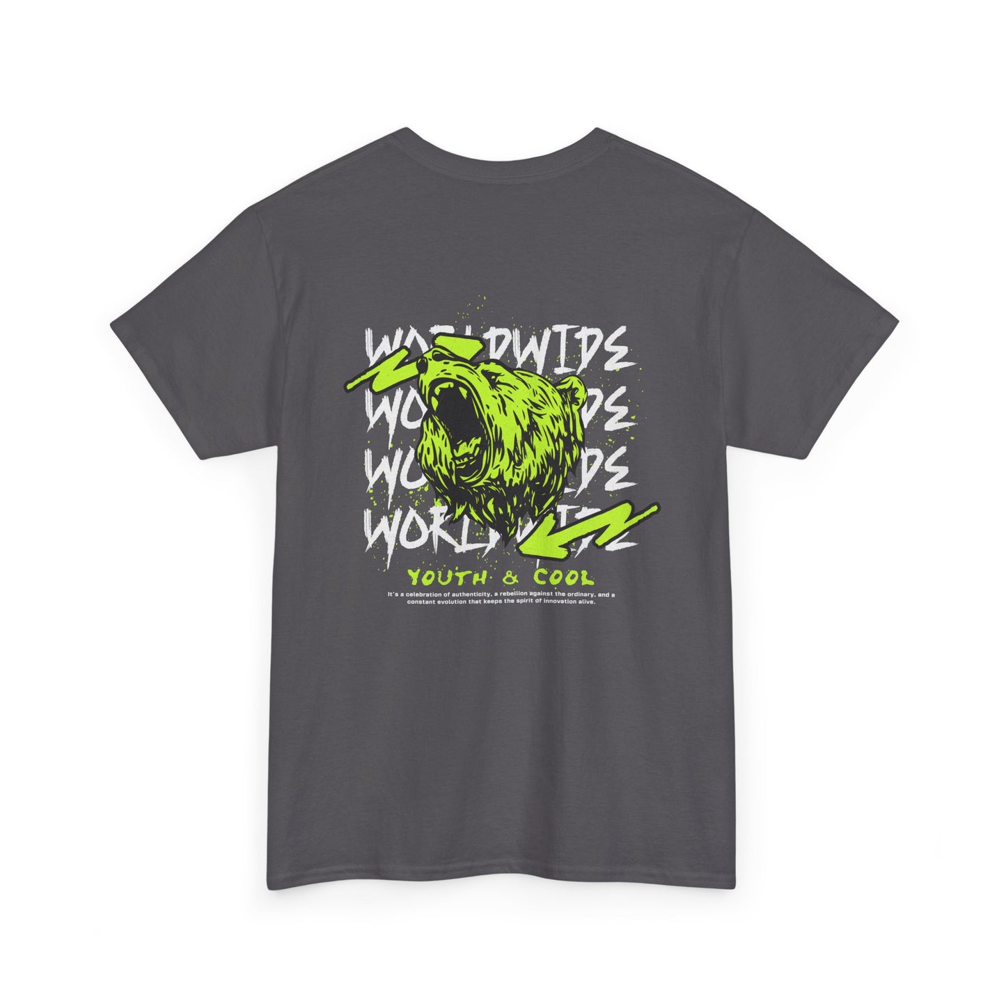 Bear Skull Graphic Tee — 'Worldwide Youth & Cool' Neon Streetwear T‑Shirt