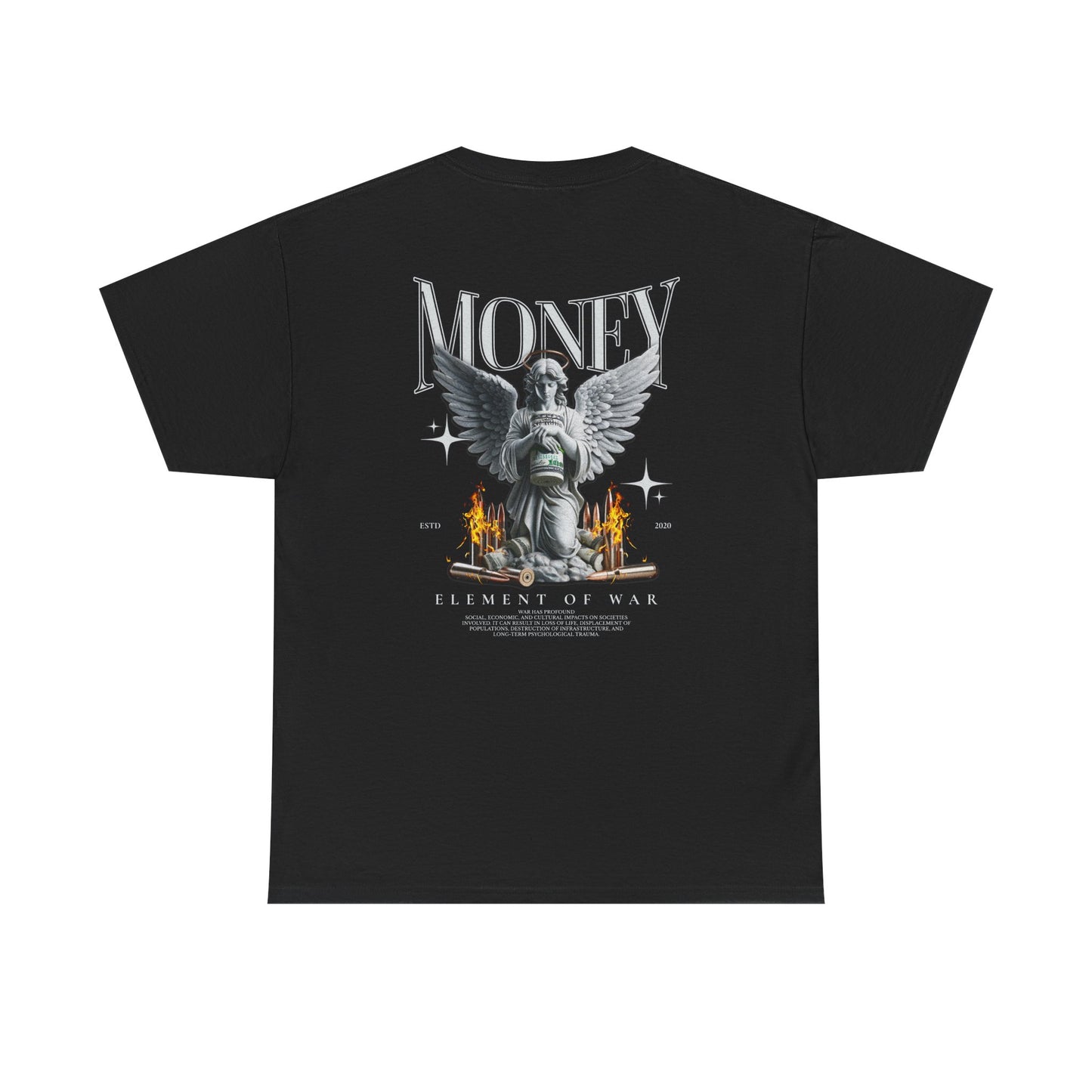Money Angel Graphic Tee — Streetwear Statue & Flames Back Print