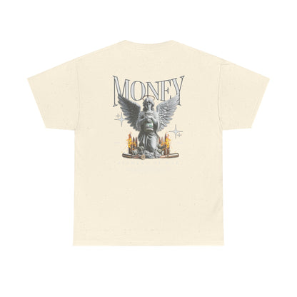 Money Angel Graphic Tee — Streetwear Statue & Flames Back Print