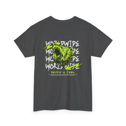 Bear Skull Graphic Tee — 'Worldwide Youth & Cool' Neon Streetwear T‑Shirt